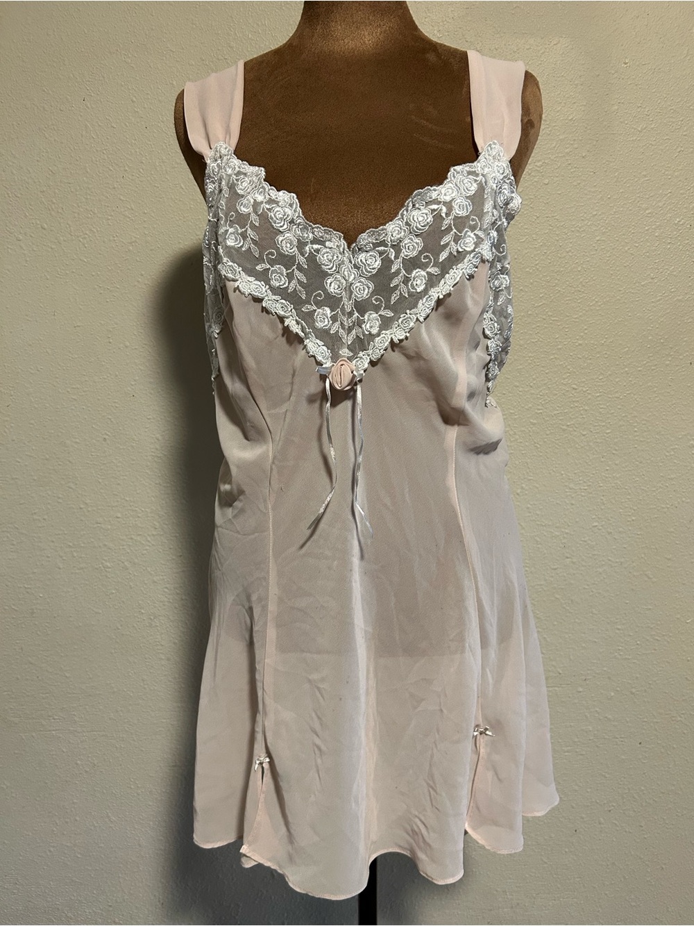 Sheer Lace-Trim Pink oNightchemise with Delicate Rose Appliqué